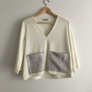 Zara W/B Collection V Neck Knit Top With Pockets‎ Ivory 3/4 Sleeve Womens Size M